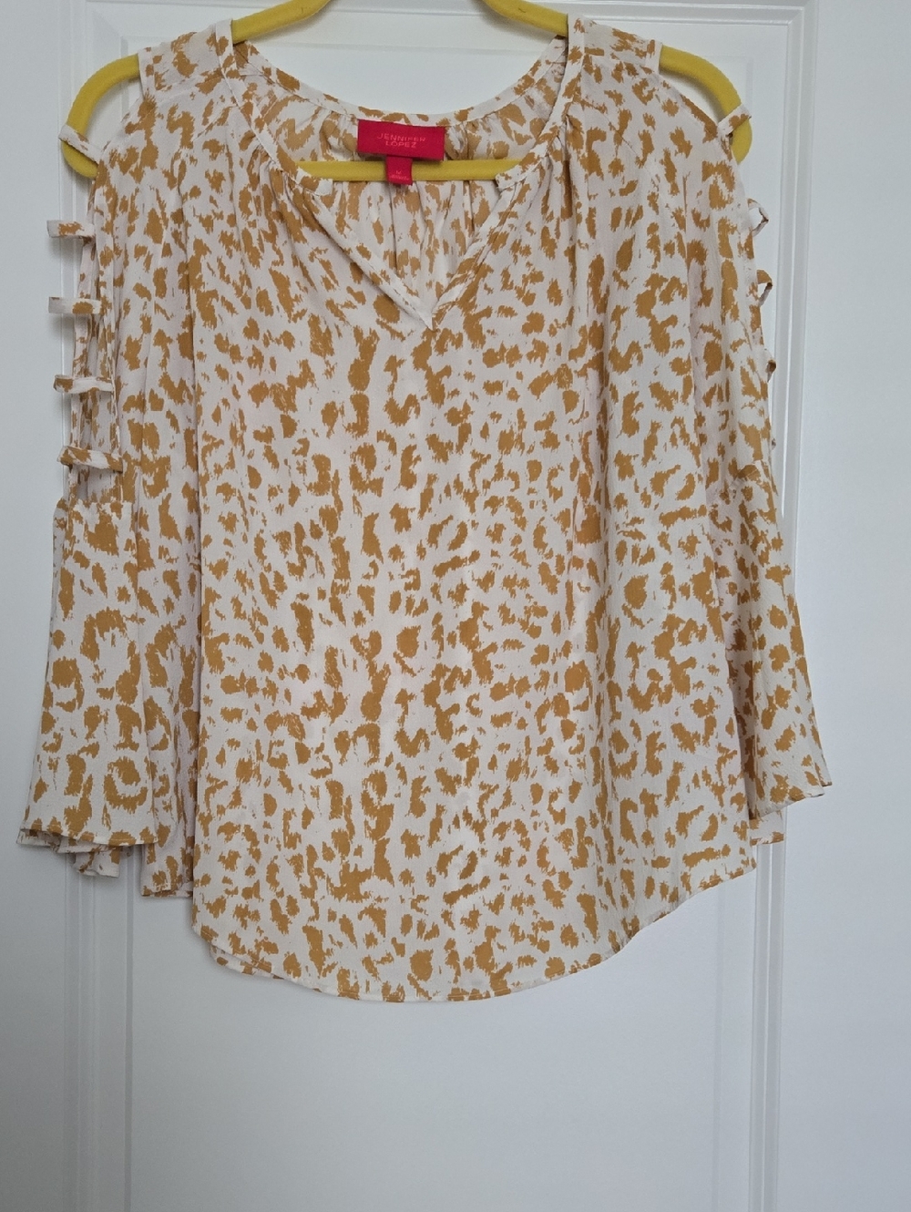 Jennifer Lopez Mustard and Cream Cold-Shoulder Blouse